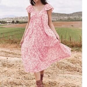 THE GREAT Pink Floral Tiered The Whipstitched Plumeria Midi Dress Size 1